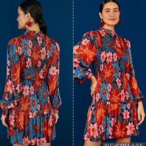 FARM RIO Garden Navy Mini Smocked Dress Long Sleeve Medium SOLD OUT